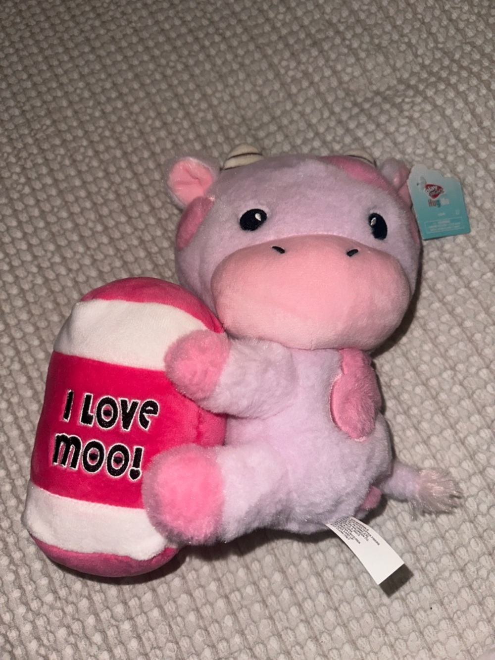 Pink Plush Cow Holding "I Love Moo" Pillow